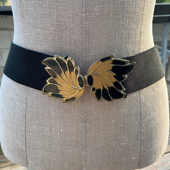 Vintage 80s Black Elastic Statement Buckle Cinch Waist Retro Belt - Picture 1 of 11